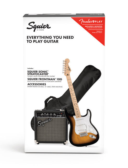 Fender Squier Sonic™ Stratocaster® Pack, Maple Fingerboard, 2-Color Sunburst, Gig Bag, 10G - 230V UK - Starter Pack - Guitar Warehouse