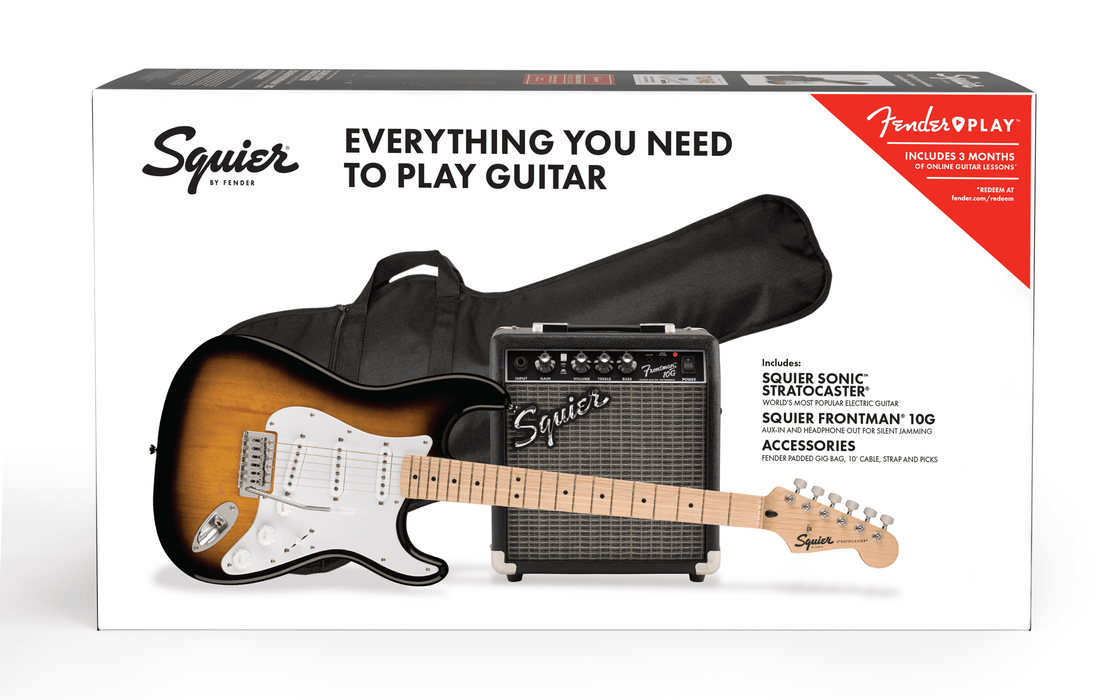 Fender Squier Sonic™ Stratocaster® Pack, Maple Fingerboard, 2-Color Sunburst, Gig Bag, 10G - 230V UK - Starter Pack - Guitar Warehouse