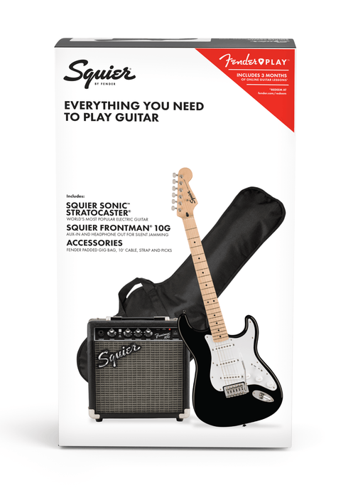 Fender Squier Sonic™ Stratocaster® Pack, Maple Fingerboard, Black, Gig Bag, 10G - 230V UK Starter Pack - Guitar Warehouse