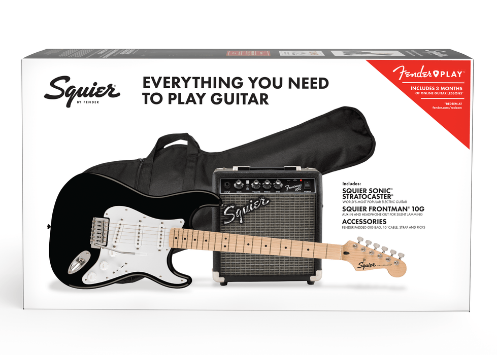 Fender Squier Sonic™ Stratocaster® Pack, Maple Fingerboard, Black, Gig Bag, 10G - 230V UK Starter Pack - Guitar Warehouse