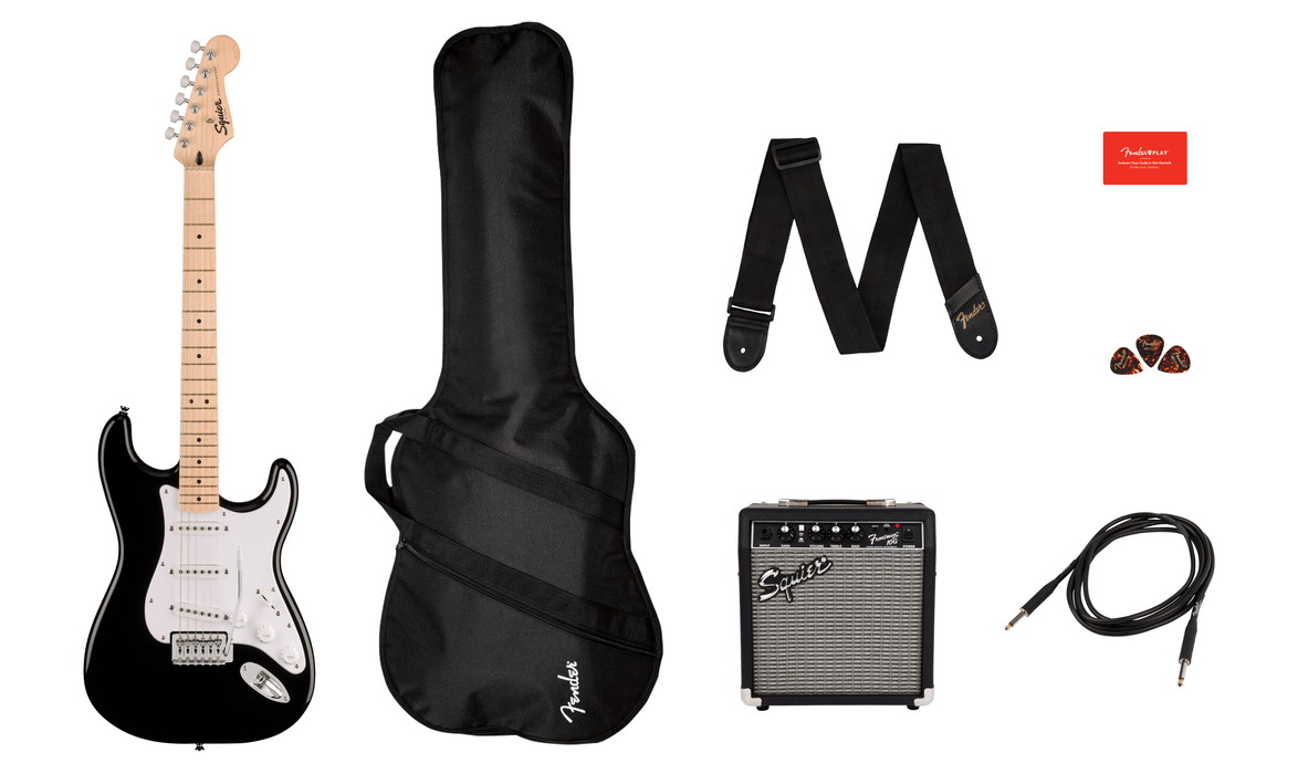 Fender Squier Sonic™ Stratocaster® Pack, Maple Fingerboard, Black, Gig Bag, 10G - 230V UK Starter Pack - Guitar Warehouse