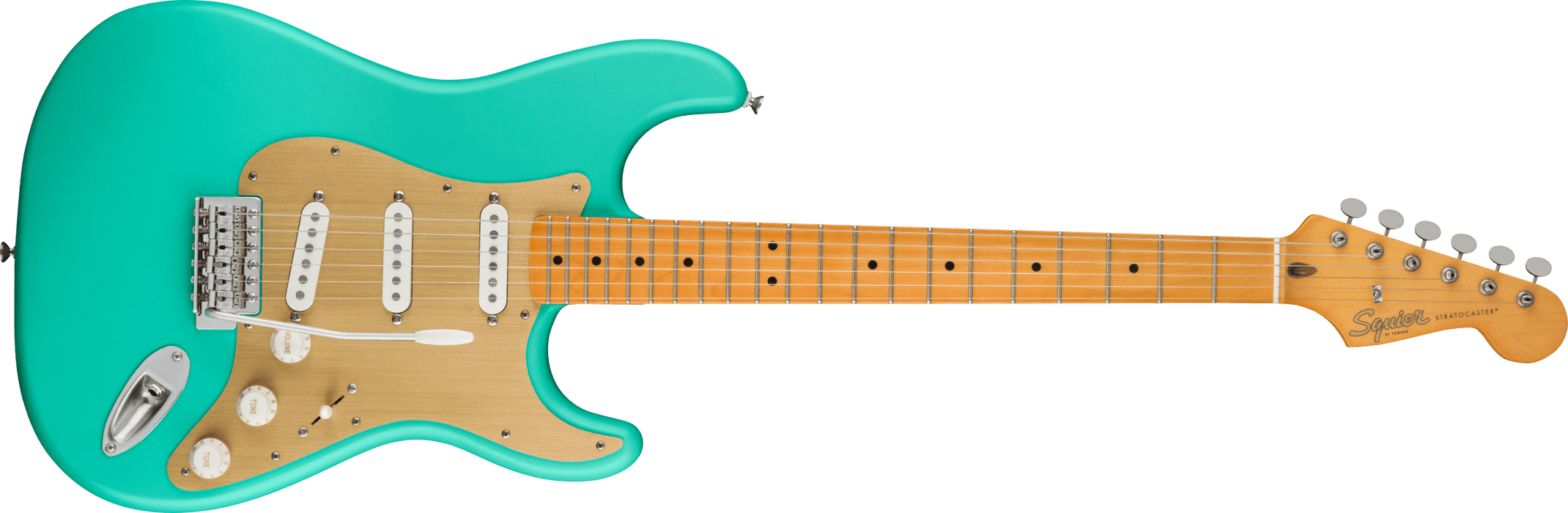 Squier 40th Anniversary Stratocaster®, Vintage Edition, Maple Fingerboard, Gold Anodized Pickguard, Satin Sea Foam Green - Guitar Warehouse