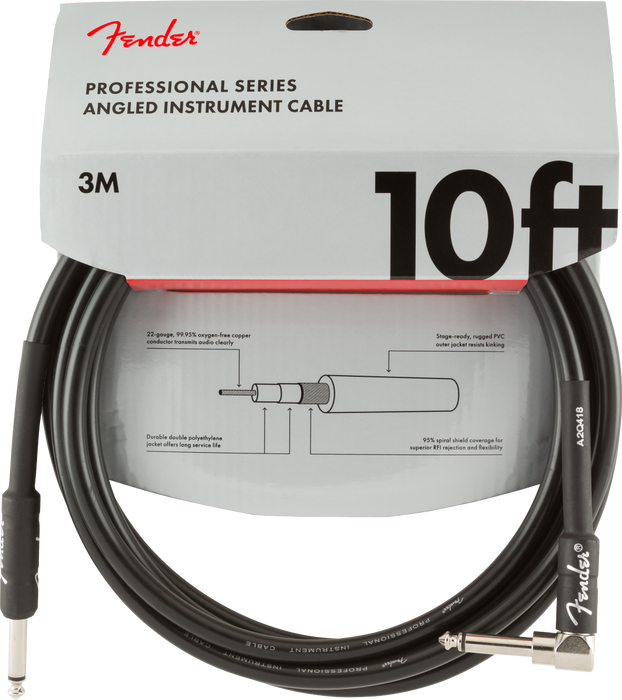 Fender Professional Series Instrument Cable, Straight-Angle, 10', Black - Guitar Warehouse