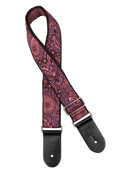 Vintage Jacquard Weave Premium Guitar Strap Cotton/Leather - Black/Purple/Pink - Guitar Warehouse