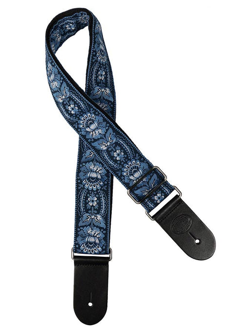 Vintage Jacquard Weave Premium Guitar Strap Cotton/Leather - Dark Blue/Grey - Guitar Warehouse