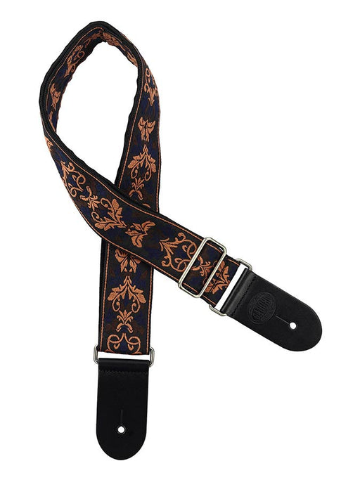 Vintage Jacquard Weave Premium Guitar Strap Cotton/Leather - Black/Blue/Orange - Guitar Warehouse