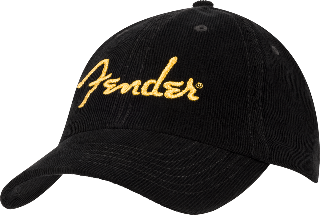 Fender® Gold Spaghetti Logo Corduroy Baseball Hat, Black, One Size