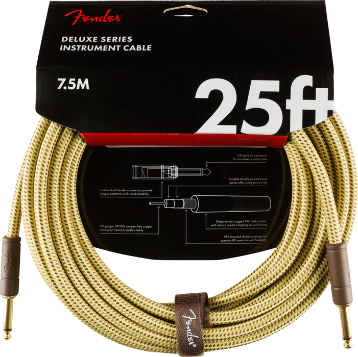 Fender Deluxe Series Instrument Cable, Straight/Straight, 7.5m / 25ft Tweed - Guitar Warehouse