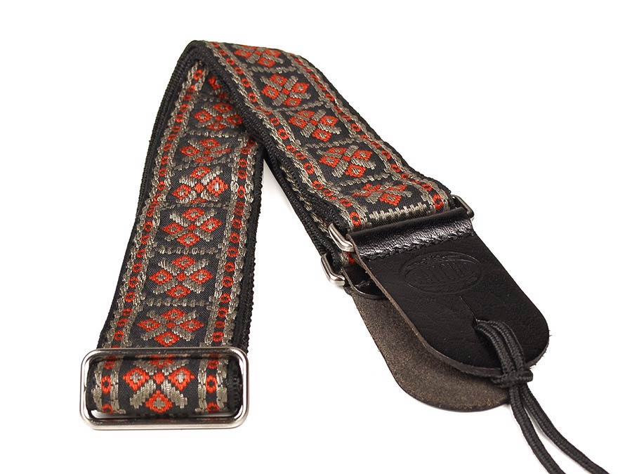 Vintage Jacquard Weave Premium Guitar Strap Cotton/Leather - Red & Grey - Guitar Warehouse