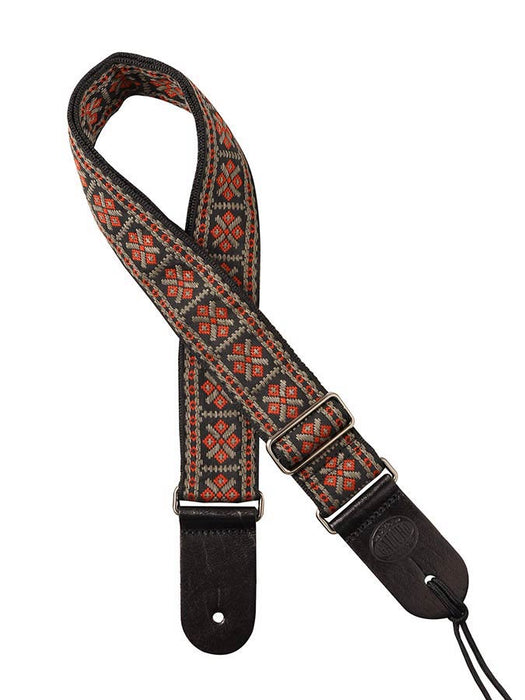 Vintage Jacquard Weave Premium Guitar Strap Cotton/Leather - Red & Grey - Guitar Warehouse