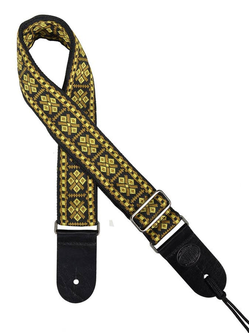 Vintage Jacquard Weave Premium Guitar Strap Cotton/Leather - Yellow & Gold - Guitar Warehouse