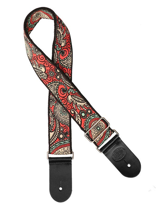 Vintage Jacquard Weave Premium Guitar Strap Cotton/Leather - Red & Gold - Guitar Warehouse