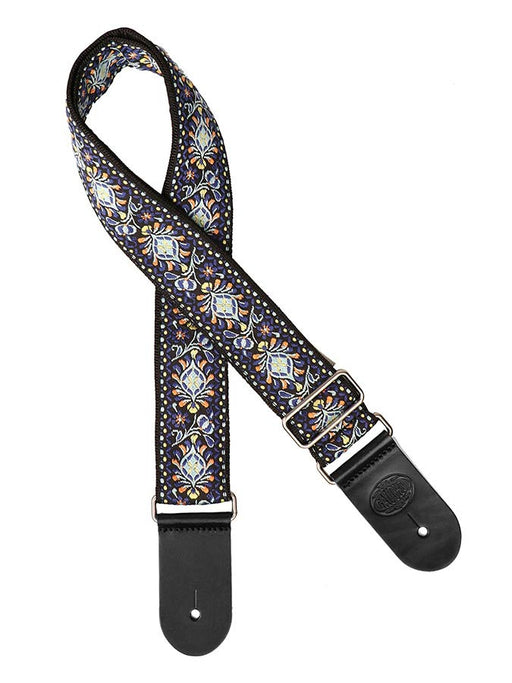 Vintage Jacquard Weave Premium Guitar Strap Cotton/Leather - Blue/Yellow - Guitar Warehouse