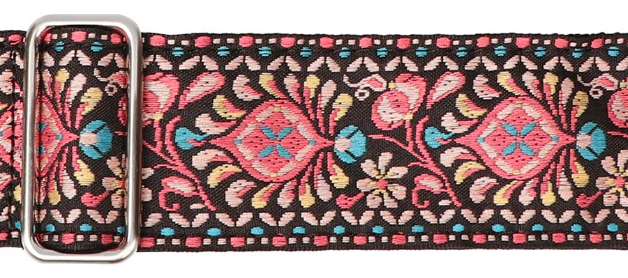 Vintage Jacquard Weave Premium Guitar Strap Cotton/Leather - Pink & Blue - Guitar Warehouse