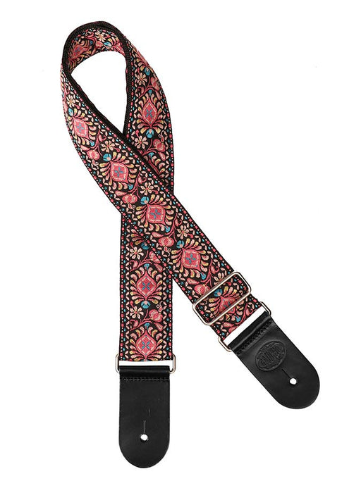 Vintage Jacquard Weave Premium Guitar Strap Cotton/Leather - Pink & Blue - Guitar Warehouse