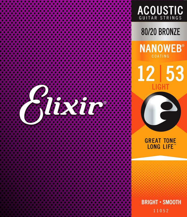 Elixir Nanoweb 80/20 Bronze Acoustic Guitar Strings 12-53 Light Gauge - Guitar Warehouse