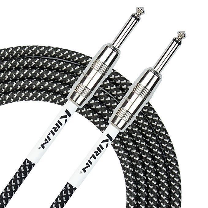 Kirlin 20ft Fabric Cable 1/4" Mono Plug Straight to Angle - Black - Guitar Warehouse