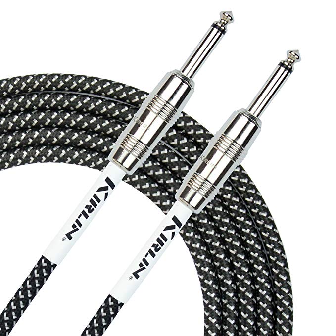 Kirlin 10ft Fabric Cable 1/4" Mono Plug Straight to Angle - Black - Guitar Warehouse