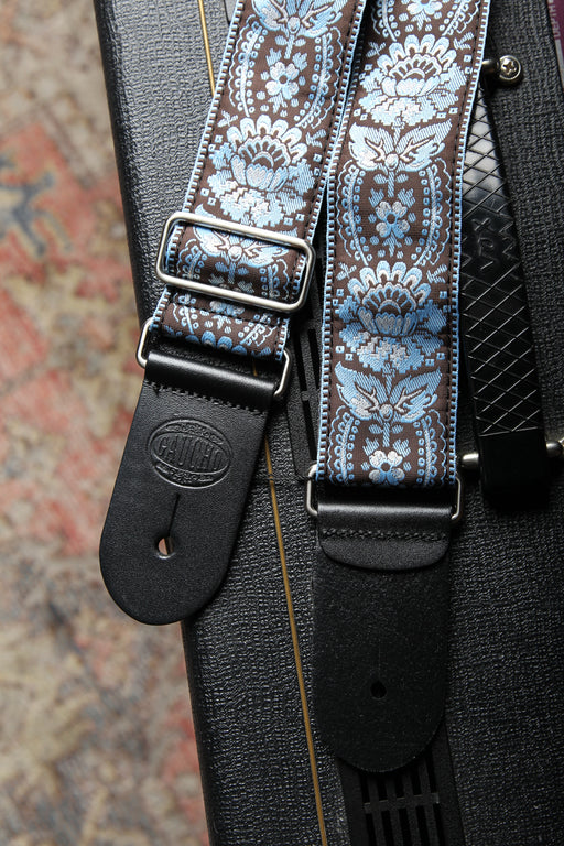 Vintage Jacquard Weave Premium Guitar Strap Cotton/Leather - Blue/Brown - Guitar Warehouse