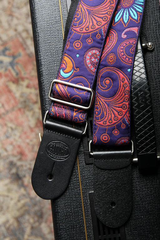 Vintage Jacquard Weave Premium Guitar Strap Cotton/Leather - Purple/Orange/Blue - Guitar Warehouse