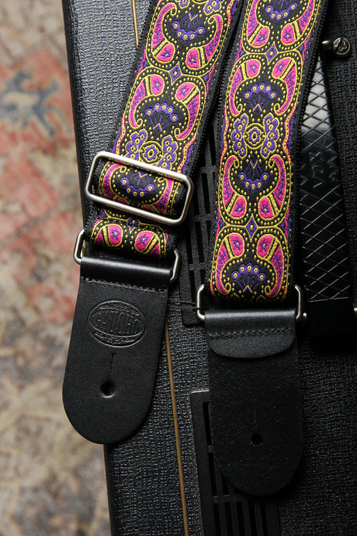 Vintage Jacquard Weave Premium Guitar Strap Cotton/Leather - Pink & Purple - Guitar Warehouse