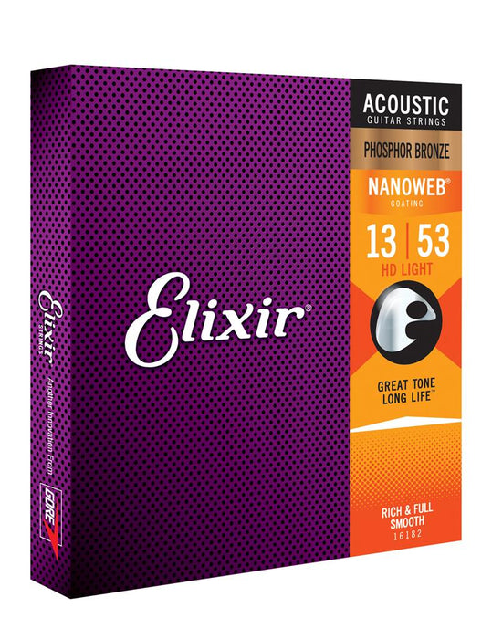 Elixir 16182 Phosphor Bronze Nanoweb HD Light 13-53 Acoustic Guitar Strings - Guitar Warehouse