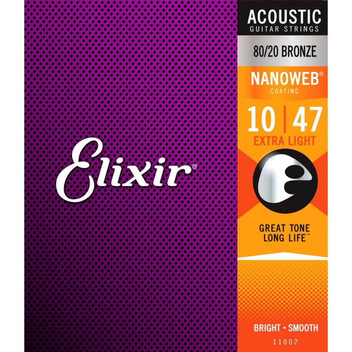 Elixir Nanoweb 80/20 Bronze Acoustic Guitar Strings 10-47 Extra Light Gauge - Guitar Warehouse