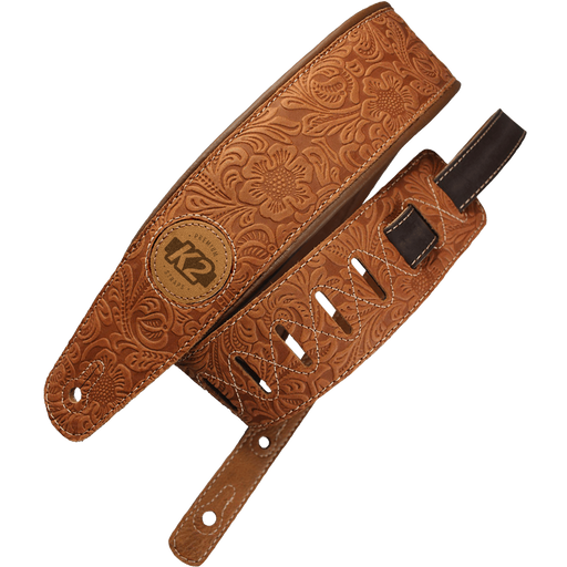 K2 Garment Leather Strap 3" Floral Whiskey - Guitar Warehouse