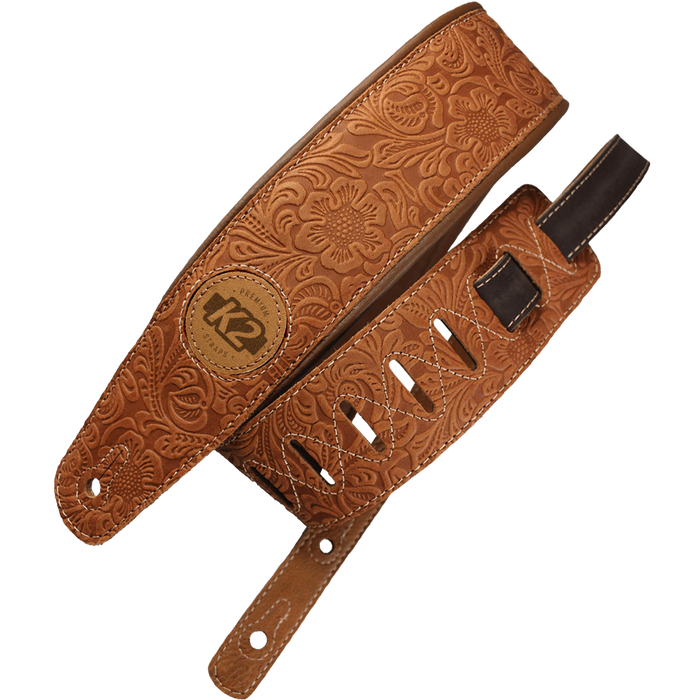 K2 Garment Leather Strap 3" Floral Whiskey - Guitar Warehouse