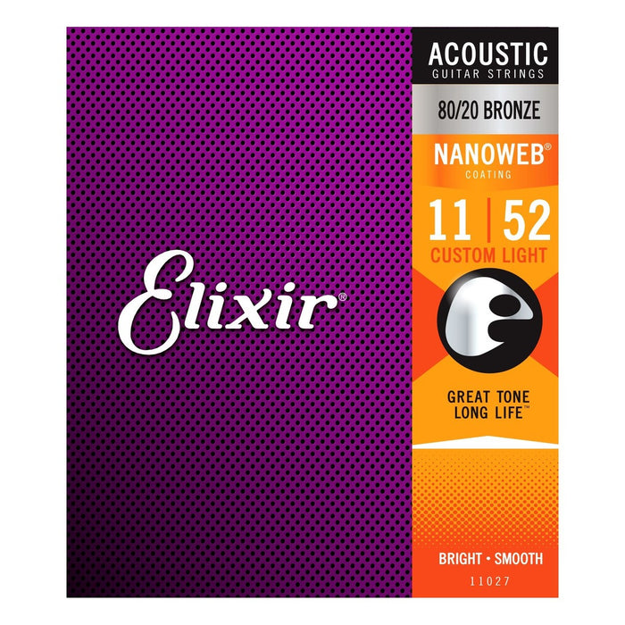 Elixir Nanoweb 80/20 Bronze Acoustic Guitar Strings 11-52 Custom Light Gauge - Guitar Warehouse