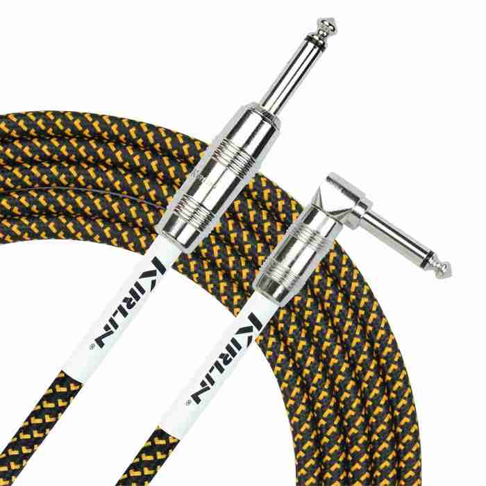 Kirlin 20ft Fabric Cable 1/4" Mono Plug Straight to Angle - Yellow - Guitar Warehouse