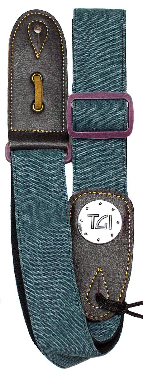 TGI Guitar Strap Woven Green Denim Purple Buckle - Guitar Warehouse